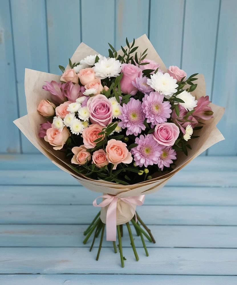 Букет цветов из: Хризантемы, Розы и Альстромерии в Ясной