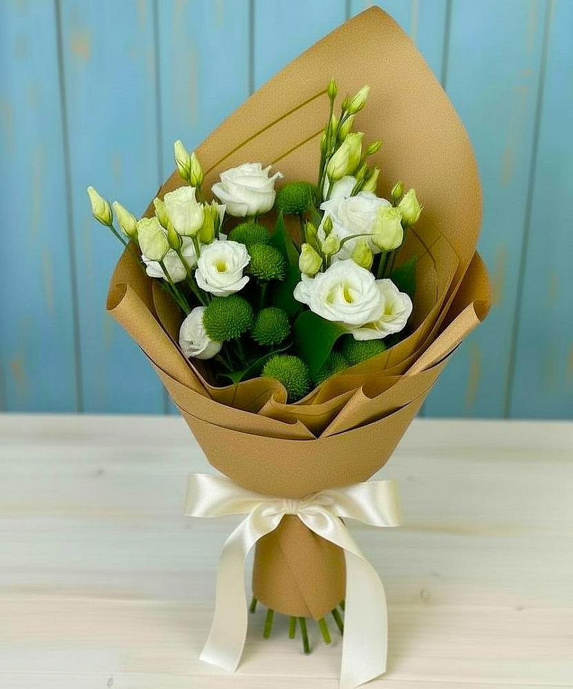 Букет цветов из: Хризантемы и Лизиантусы в Ясной