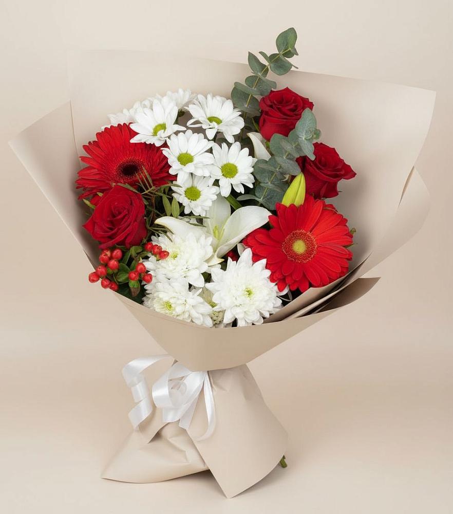 Букет цветов из: Розы, Хризантемы, Герберы и Лилии в Ясной