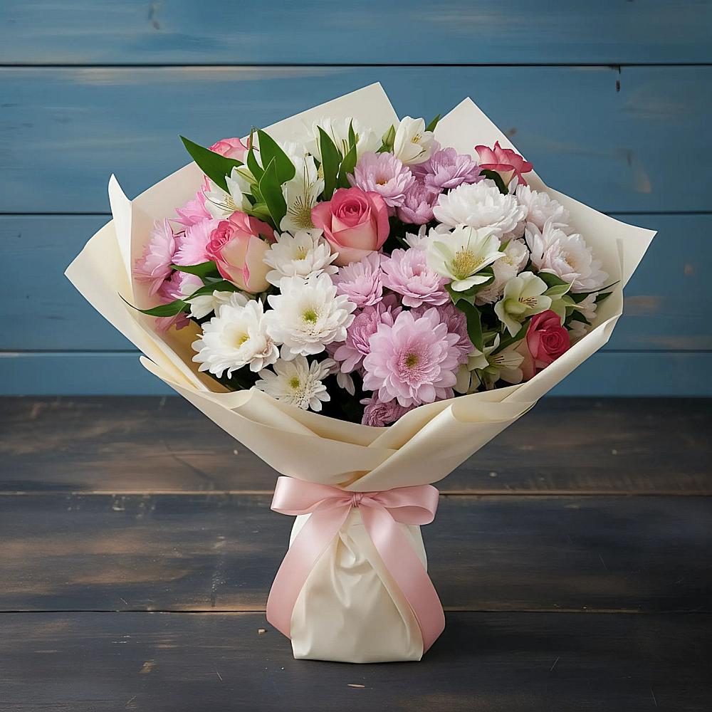 Букет цветов из: Хризантемы, Альстромерии и Розы в Ясной